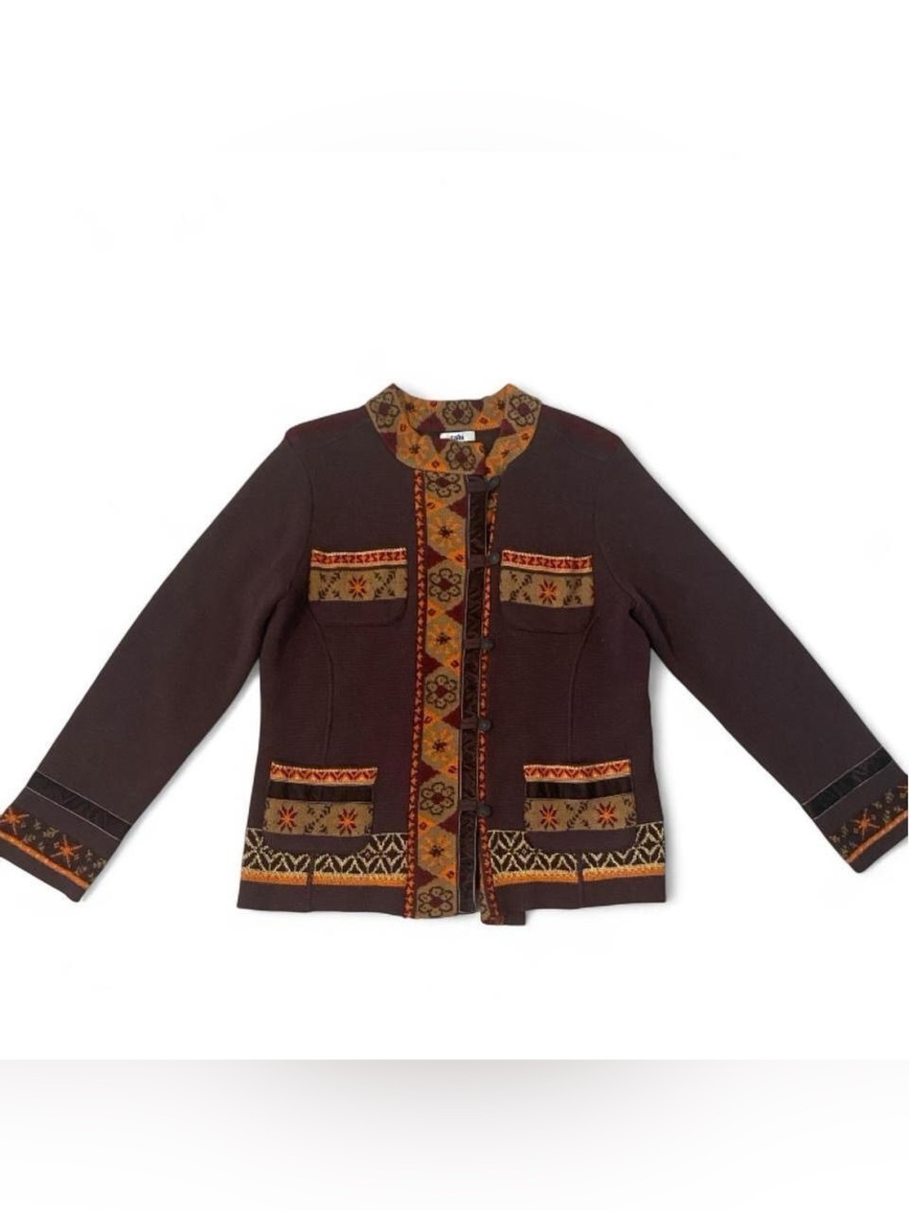 Women’s Brown Embroidered Folk-Trim Cardigan Jacket